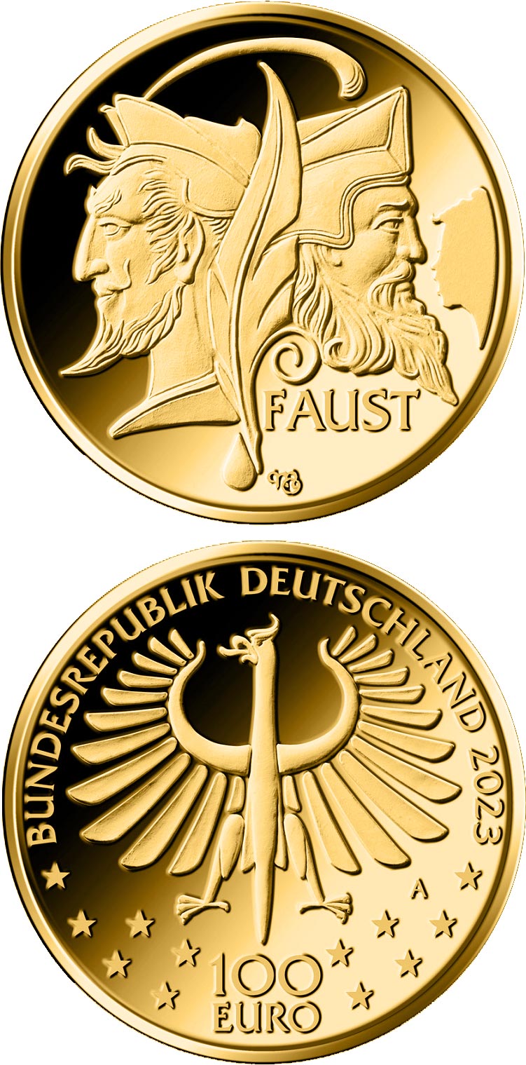Image of 100 euro coin - Faust | Germany 2023.  The Gold coin is of Proof quality.