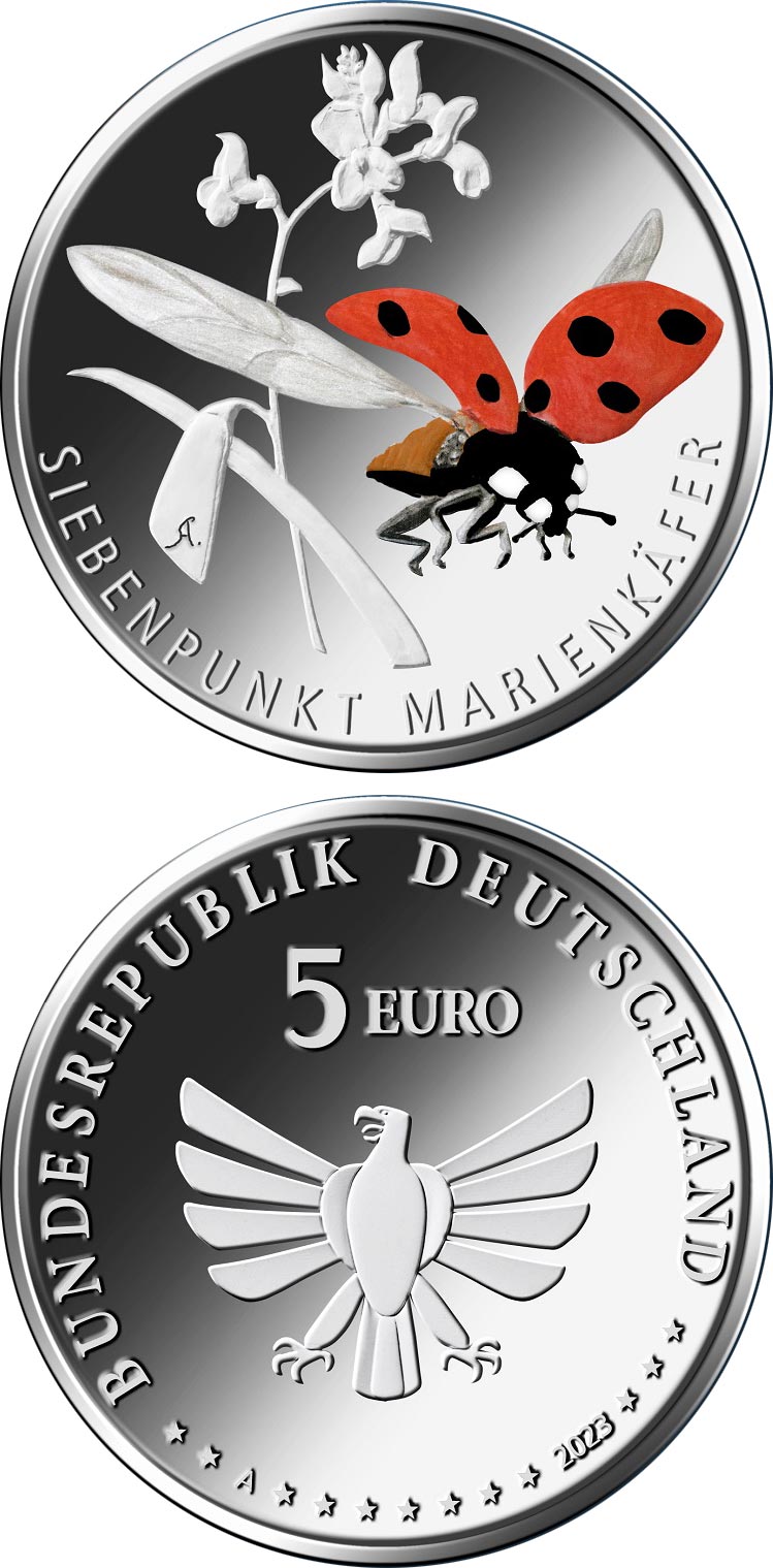 Image of 5 euro coin - Seven-spot ladybird | Germany 2023.  The Bimetal: CuNi, nordic gold coin is of Proof, BU quality.