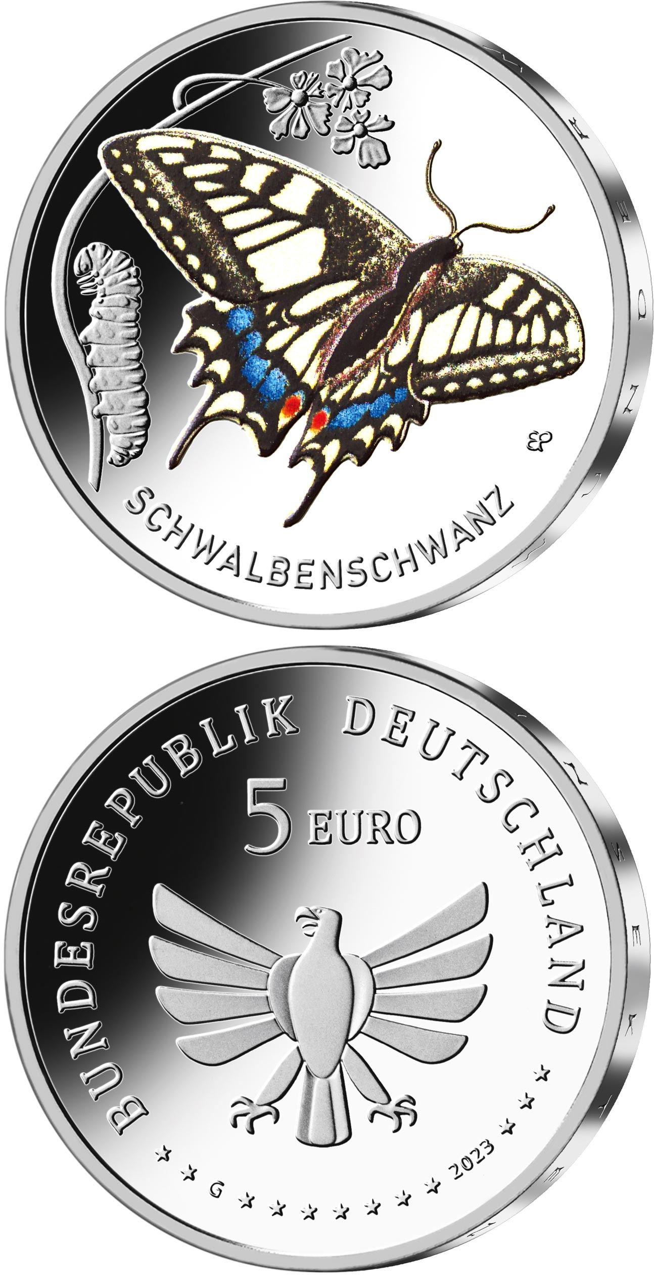 Image of 5 euro coin - Old World Swallowtail | Germany 2023.  The Bimetal: CuNi, nordic gold coin is of Proof, BU quality.