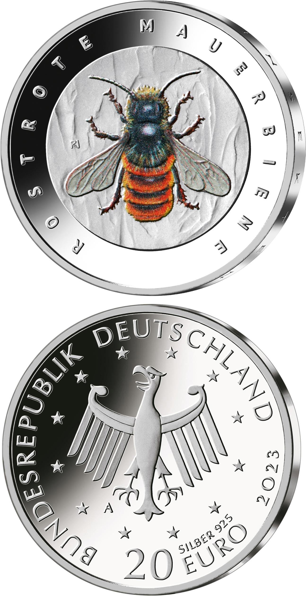 Image of 5 euro coin - Red mason bee | Germany 2023.  The Bimetal: CuNi, nordic gold coin is of Proof, BU quality.