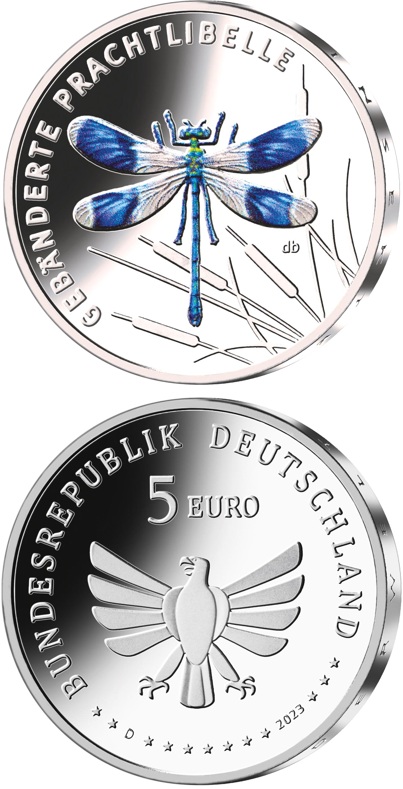 Image of 5 euro coin - Banded demoiselle  | Germany 2023.  The Bimetal: CuNi, nordic gold coin is of Proof, BU quality.