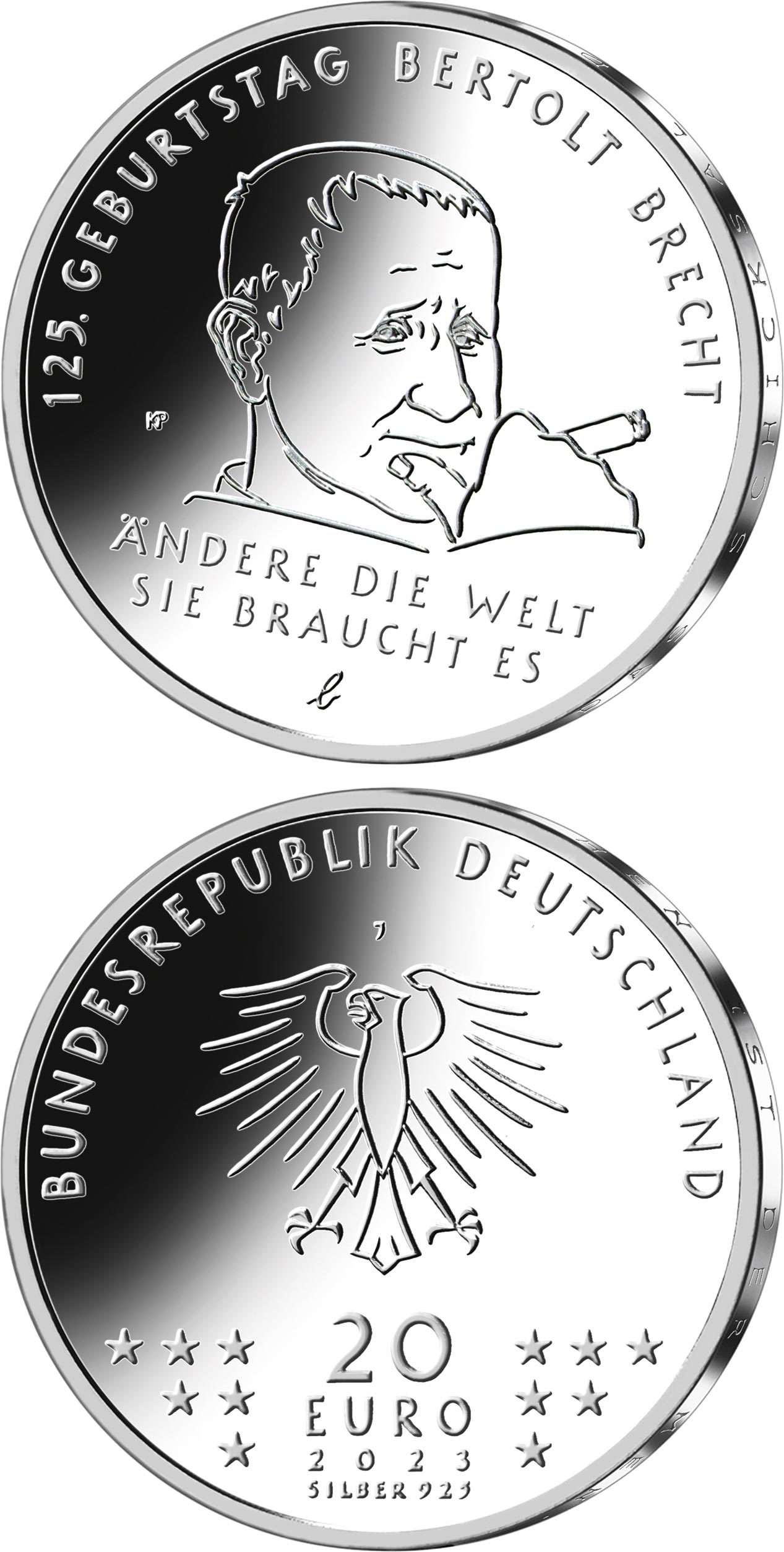 Image of 10 euro coin - 150th Anniversary of the Birth of Bertolt Brecht | Germany 2023.  The Silver coin is of Proof, BU quality.