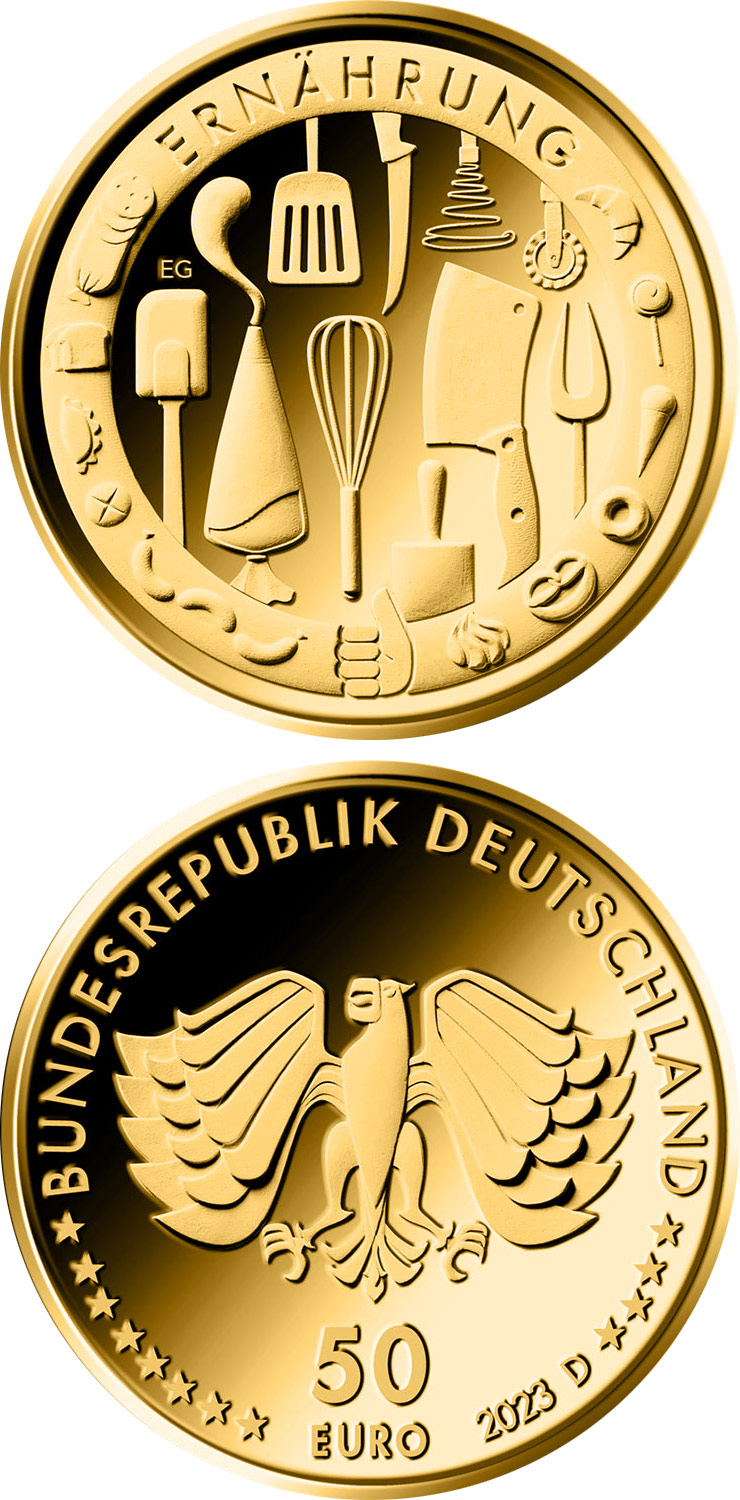 Image of 50 euro coin - Nutrition | Germany 2023.  The Gold coin is of Proof quality.