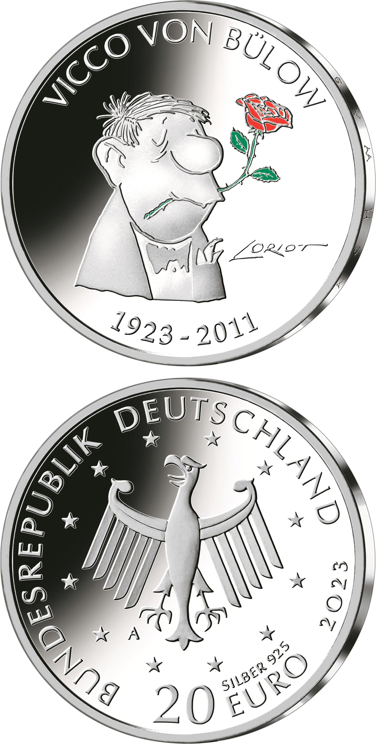 Image of 20 euro coin - 100th Anniversary of the Birth of Vicco v. Bülow | Germany 2023.  The Silver coin is of Proof, BU quality.