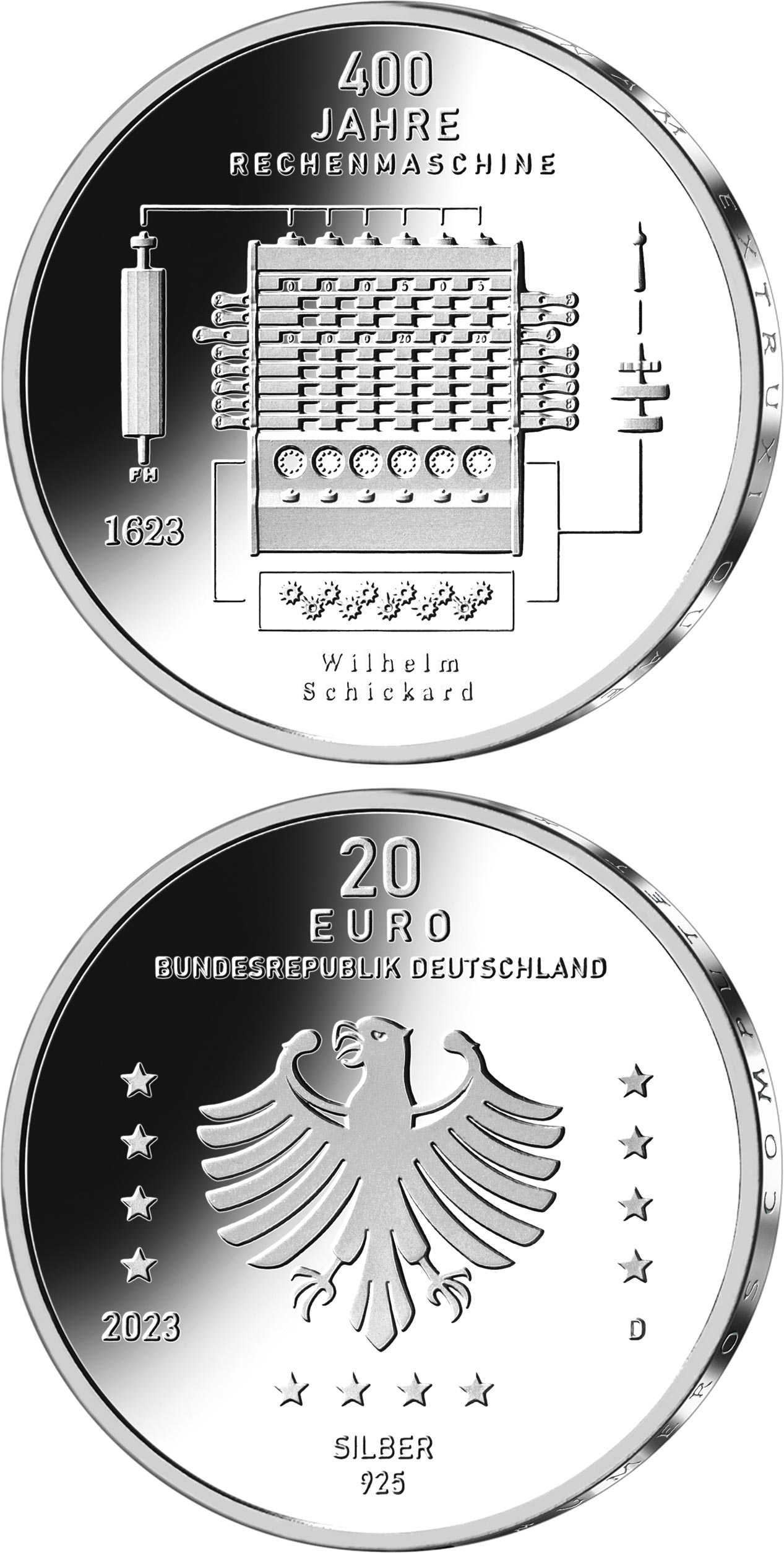 Image of 20 euro coin - 400 years of Calculator by Wilhelm Schickard | Germany 2023.  The Silver coin is of Proof, BU quality.