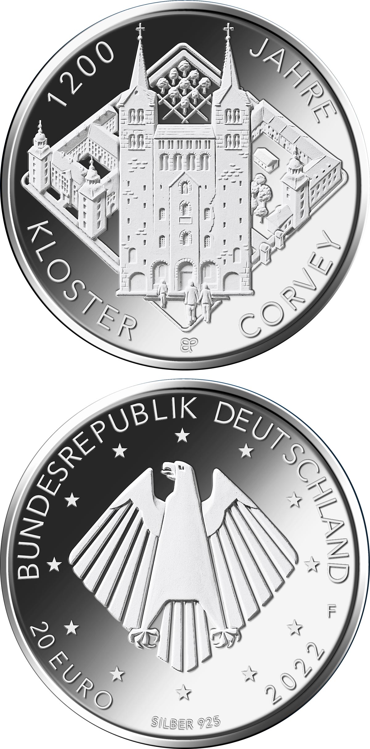 Image of 20 euro coin - 1200 Years of Corvey Abbey | Germany 2023.  The Silver coin is of Proof, BU quality.