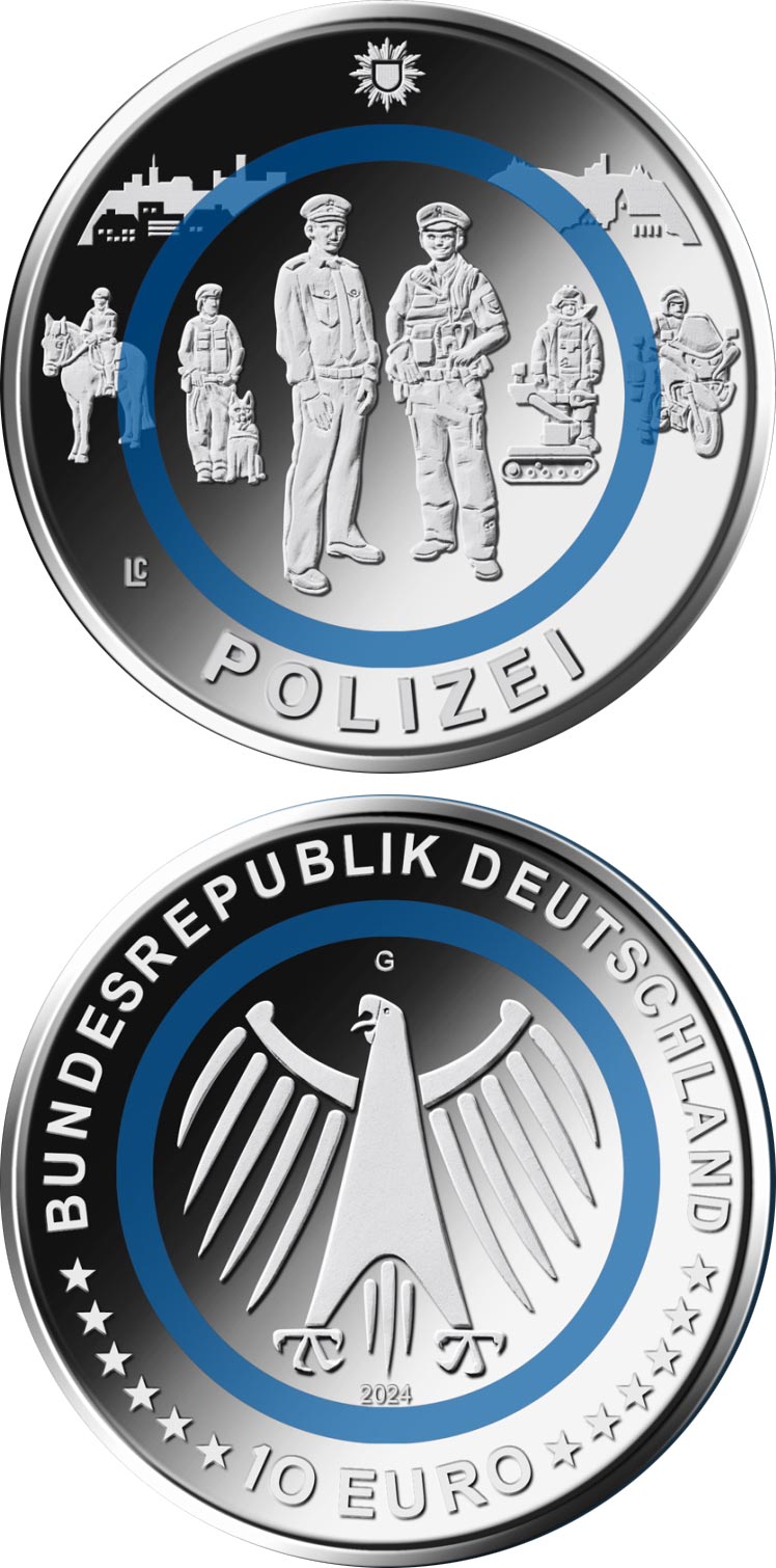 Image of 10 euro coin - The Police | Germany 2024.  The Copper–Nickel (CuNi) coin is of BU quality.
