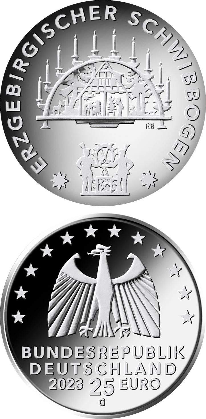 Image of 25 euro coin - Erzgebirge Candle Arch | Germany 2023.  The Silver coin is of Proof, BU quality.