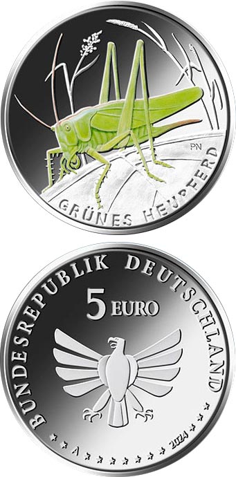 Image of 5 euro coin - Green hayseed | Germany 2024.  The Bimetal: CuNi, nordic gold coin is of Proof, BU quality.