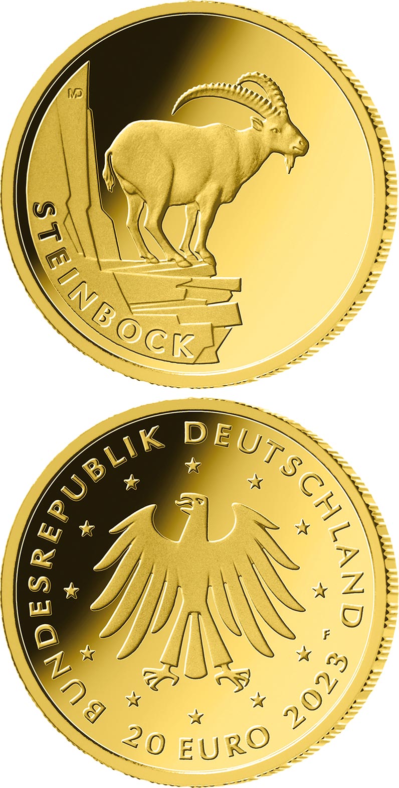 Image of 20 euro coin - Capricorn | Germany 2023.  The Gold coin is of Proof quality.