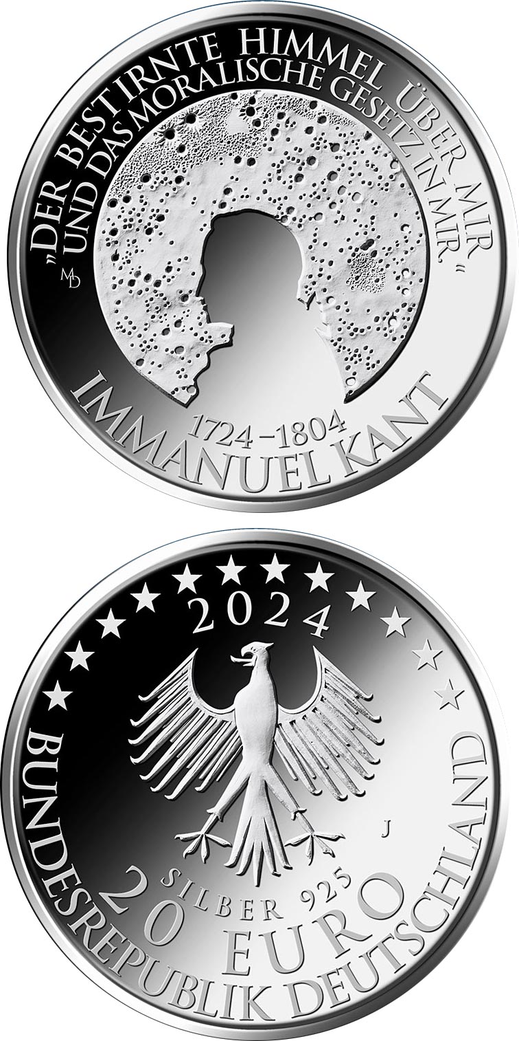 Image of 20 euro coin - 300th Anniversary of the Birth of Immanuel Kant | Germany 2024.  The Silver coin is of Proof, BU quality.