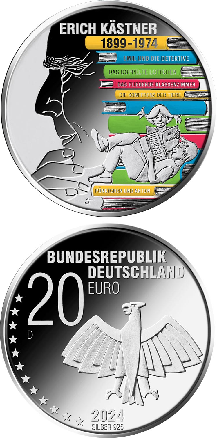 Image of 20 euro coin - 125th Anniversary of the Birth of Erich Kästner | Germany 2024.  The Silver coin is of Proof, BU quality.