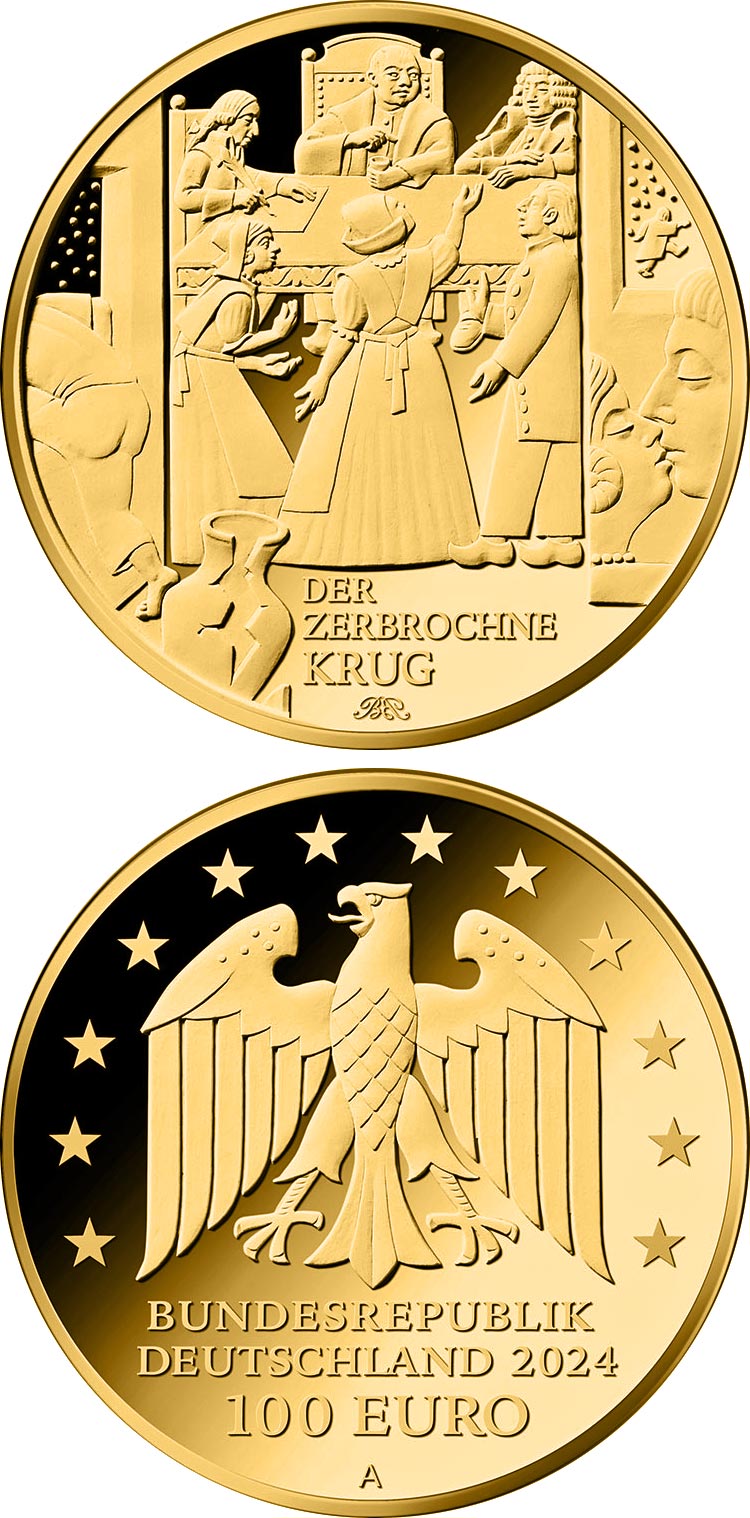 Image of 100 euro coin - The Broken Jug | Germany 2024.  The Gold coin is of Proof quality.
