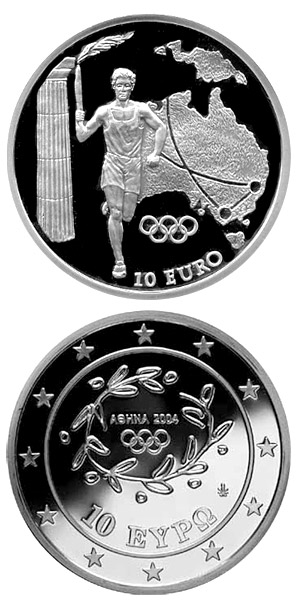 Image of 10 euro coin - Torch Relay Australia - XXVIII. Summer Olympics 2004 in Athens | Greece 2004.  The Silver coin is of Proof quality.