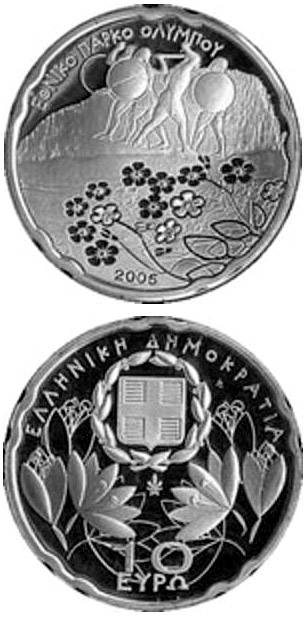 Image of 10 euro coin - National park Olympos | Greece 2005.  The Silver coin is of Proof quality.