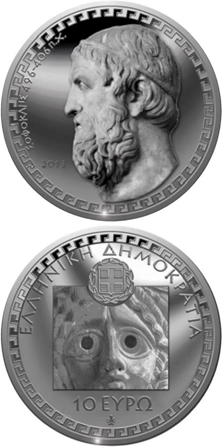 Image of 10 euro coin - Hellenic Culture & Civilization: Sophocles | Greece 2013.  The Silver coin is of Proof quality.