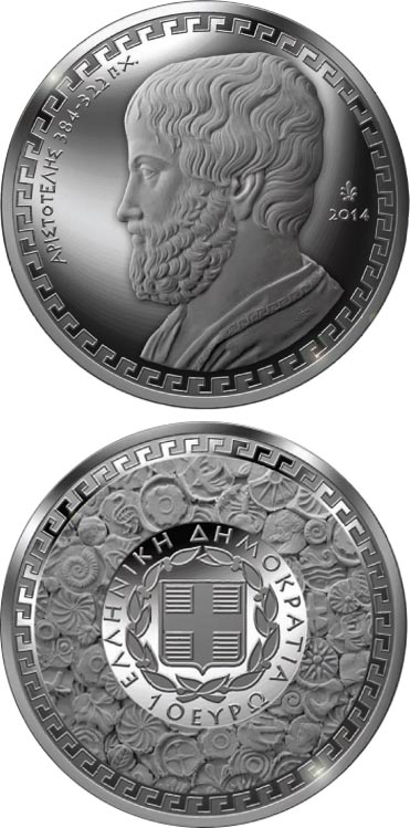 Image of 10 euro coin - Aristoteles  | Greece 2014.  The Silver coin is of Proof quality.