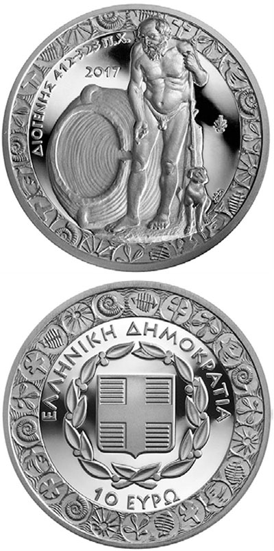 Image of 10 euro coin - Greek Culture: Diogenes | Greece 2017.  The Silver coin is of Proof quality.