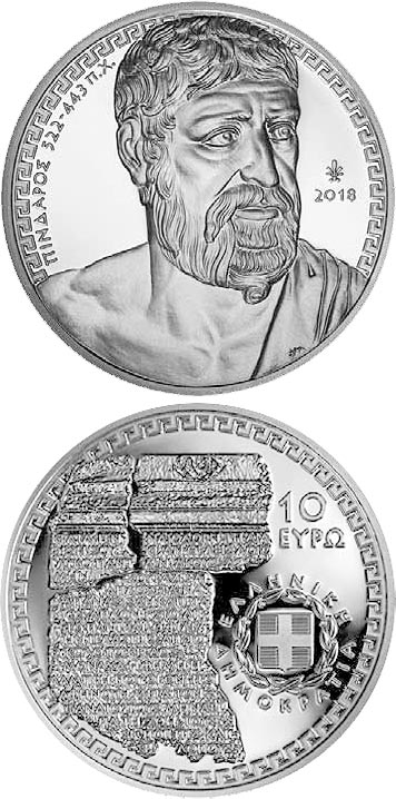 Image of 10 euro coin - Greek Culture - Lyric Poets - Pindar | Greece 2018.  The Silver coin is of Proof quality.