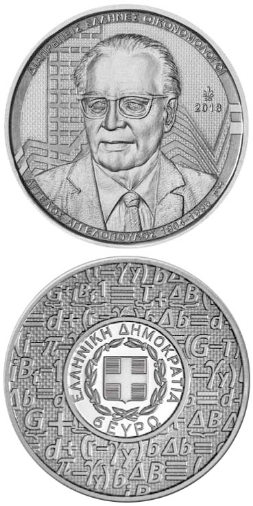 Image of 6 euro coin - Prominent Greek Economists - Angelos Angelopoulos | Greece 2018.  The Silver coin is of Proof quality.