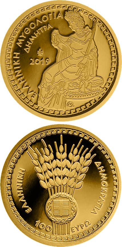 Image of 100 euro coin - The Olympian Gods – Demeter | Greece 2019.  The Gold coin is of Proof quality.
