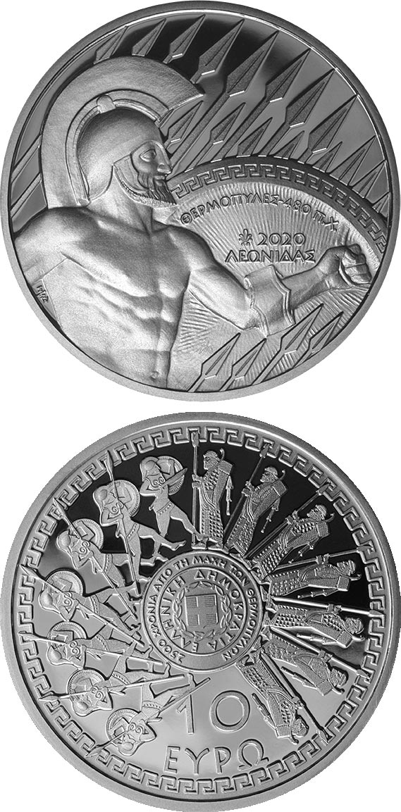 Image of 10 euro coin - 2,500 years since the battle
of Thermopylae | Greece 2020.  The Silver coin is of Proof quality.