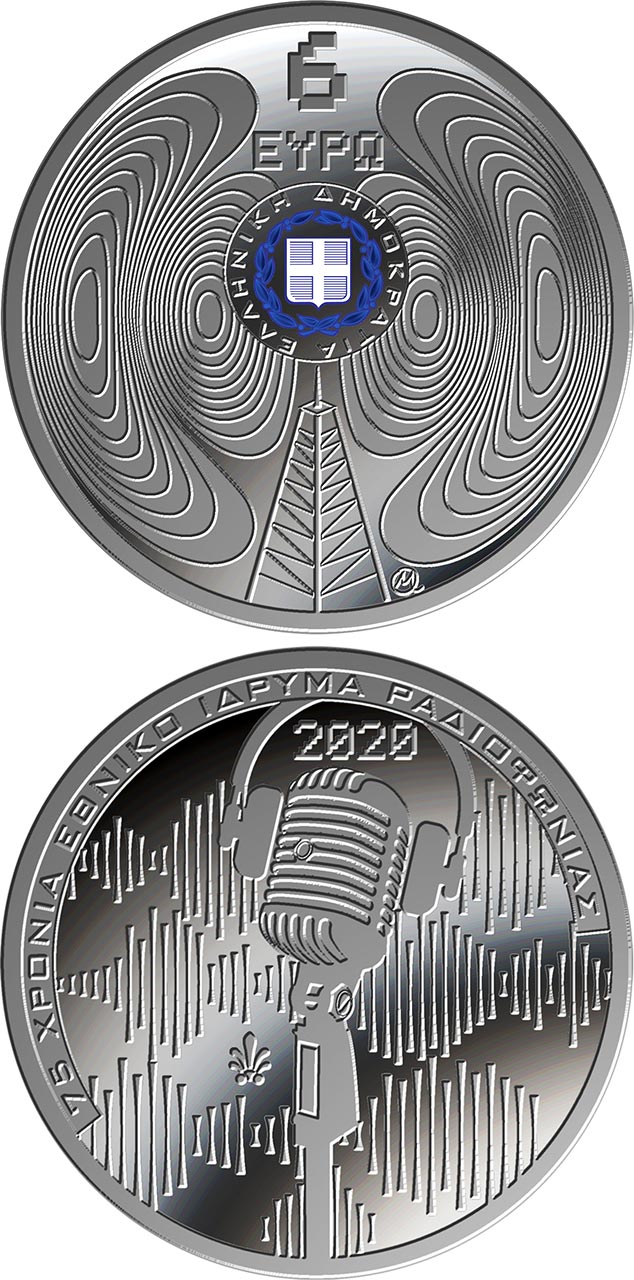 Image of 6 euro coin - 75 years since the establishment
of the national radio foundation | Greece 2020.  The Silver coin is of Proof quality.