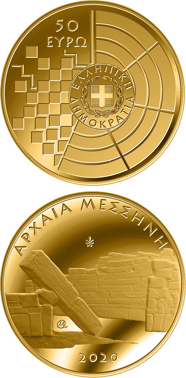 Image of 50 euro coin - Cultural Heritage:
The Ancient City of Messene | Greece 2020.  The Gold coin is of Proof quality.
