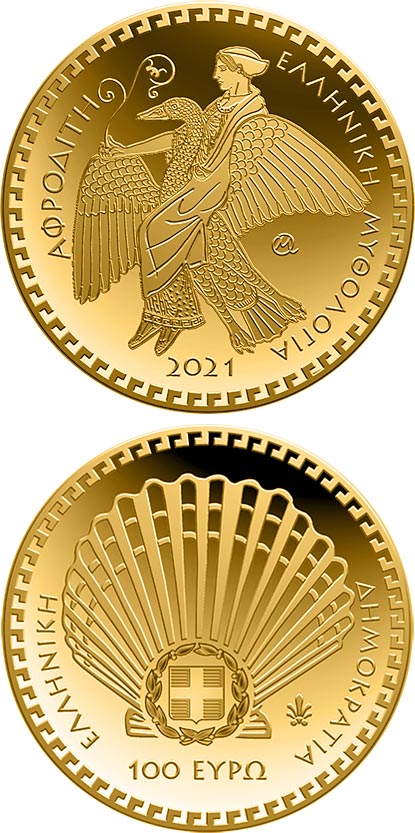 Image of 100 euro coin - The Olympian Gods – Aphrodite | Greece 2021.  The Gold coin is of Proof quality.