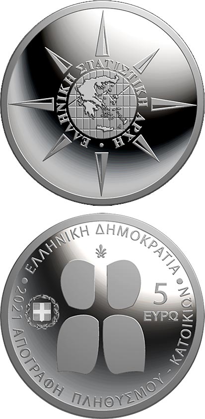 Image of 5 euro coin - Population ― Housing Census | Greece 2021.  The Silver coin is of Proof quality.