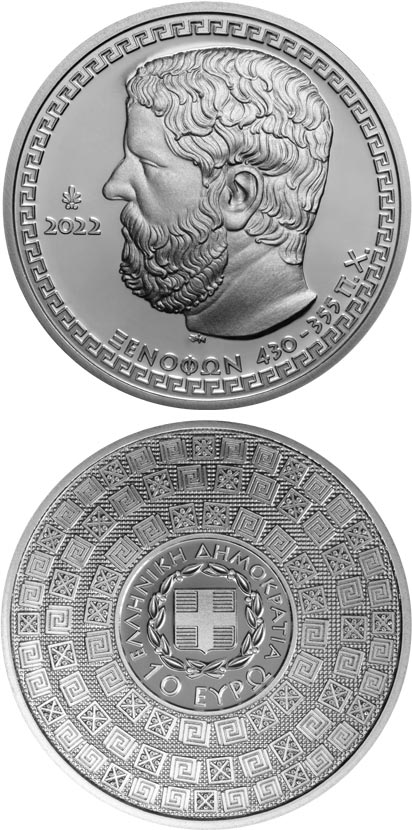 Image of 10 euro coin - Historians - Xenophon
 | Greece 2022.  The Silver coin is of Proof quality.