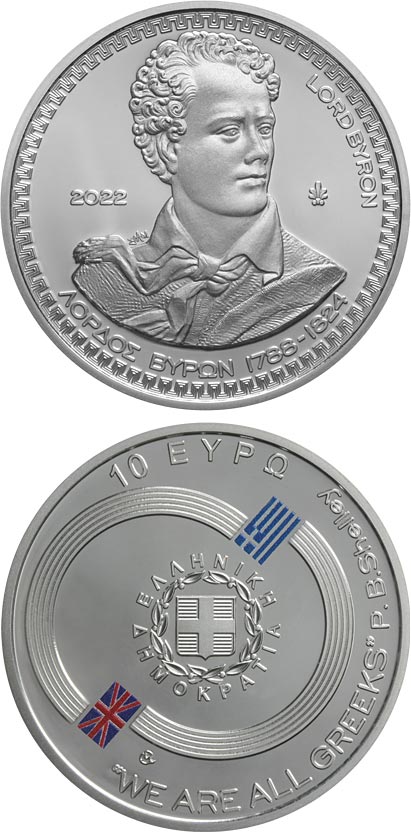 Image of 10 euro coin - Philhellenes - Lord Byron | Greece 2022.  The Silver coin is of Proof quality.