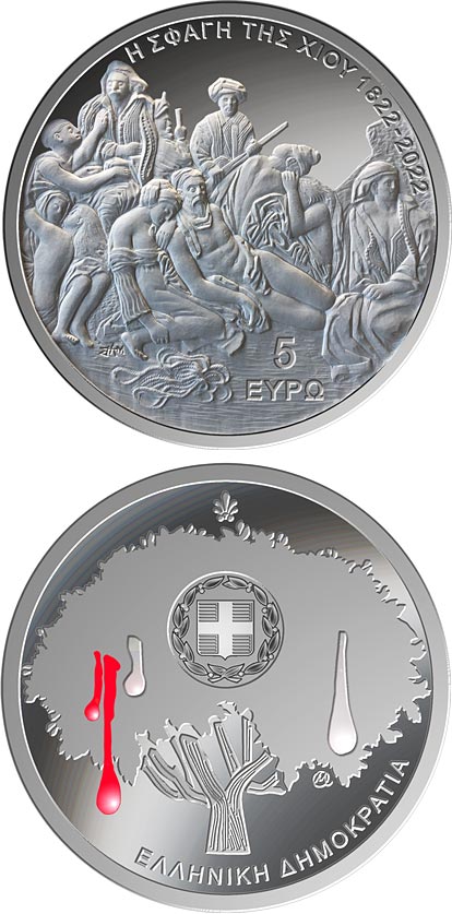 Image of 5 euro coin - 200 Years from the Chios Massacre
 | Greece 2022.  The Silver coin is of proof-like quality.