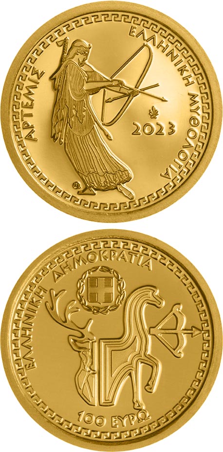 Image of 100 euro coin - The Olympian Gods – Artemis | Greece 2023.  The Gold coin is of Proof quality.