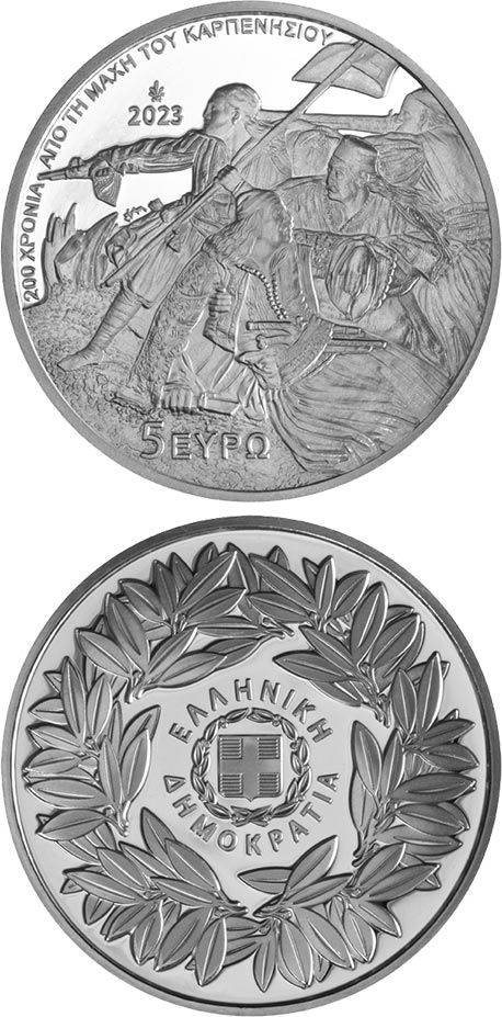 Image of 5 euro coin - 200 years from the Battle of Karpenisi
 | Greece 2023.  The Silver coin is of proof-like quality.