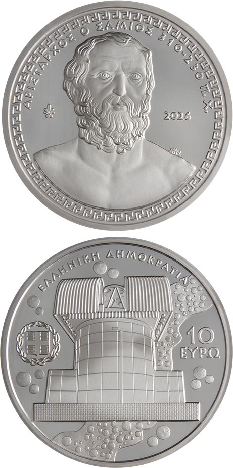 Image of 10 euro coin - Aristarchos of Samos | Greece 2026.  The Silver coin is of Proof quality.