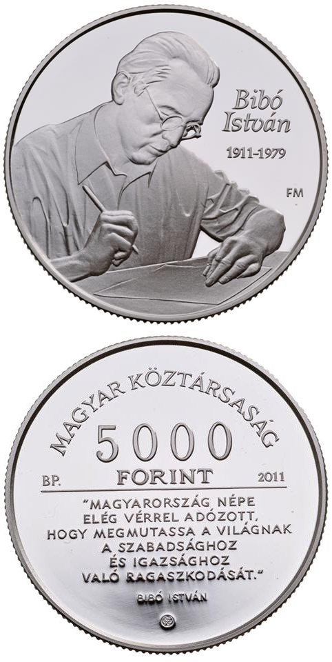 Image of 5000 forint coin - 100th anniversary of the birth of István Bibó  | Hungary 2011.  The Silver coin is of Proof, BU quality.