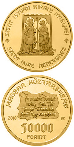 Image of 50000 forint coin - Monishments of King St. Stephen | Hungary 2010.  The Gold coin is of Proof quality.