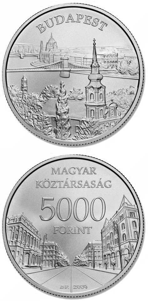 Image of 5000 forint coin - Budapest  | Hungary 2009.  The Silver coin is of Proof, BU quality.