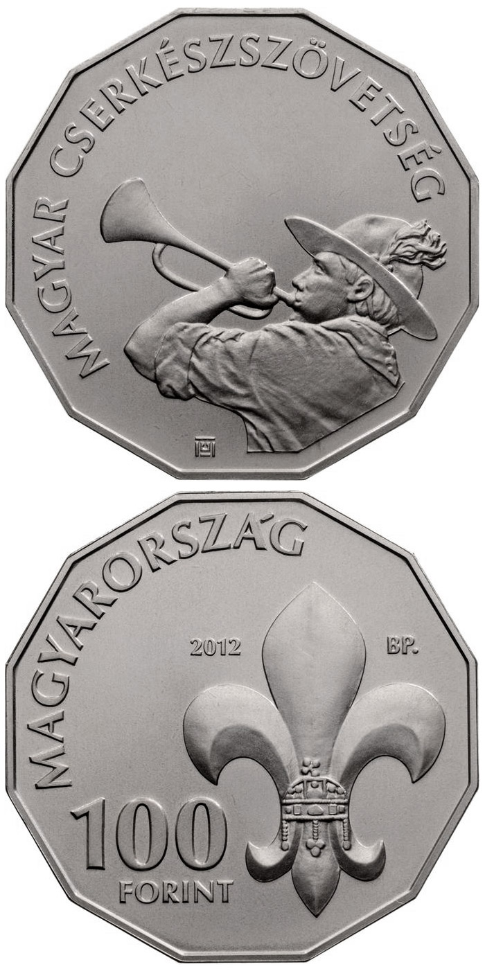Image of 100 forint coin - 100th Anniversary of The Hungarian Scout Association | Hungary 2012.  The Copper–Nickel (CuNi) coin is of Proof, BU quality.