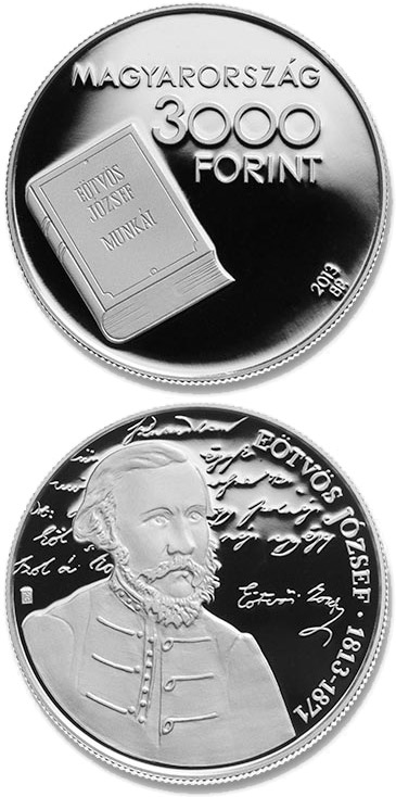 Image of 3000 forint coin - 200th Anniversary of Birth Of József Eötvös | Hungary 2013.  The Silver coin is of Proof, BU quality.