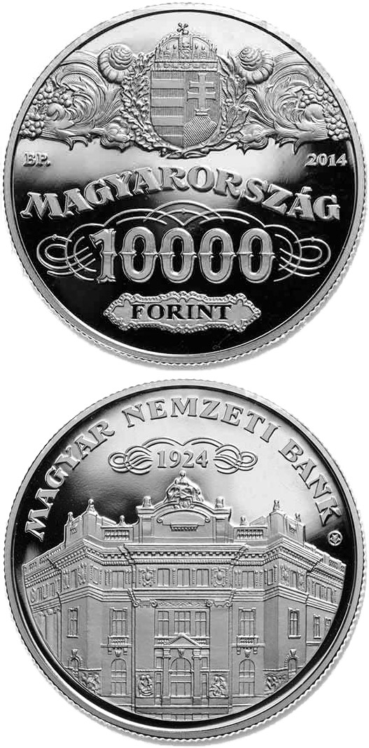 Image of 10000 forint coin - 90th Anniversary of the Foundation of the National Bank of Hungary  | Hungary 2014.  The Silver coin is of Proof quality.