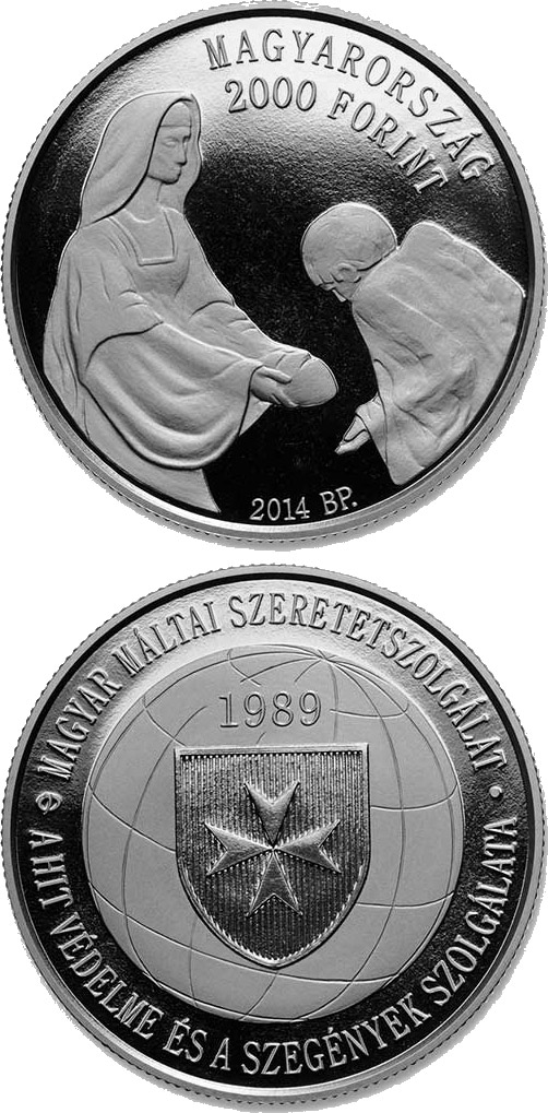 Image of 2000 forint coin - 25th Anniversary of Foundation of the Hungarian Maltese Charity Service  | Hungary 2014.  The Copper–Nickel (CuNi) coin is of BU quality.