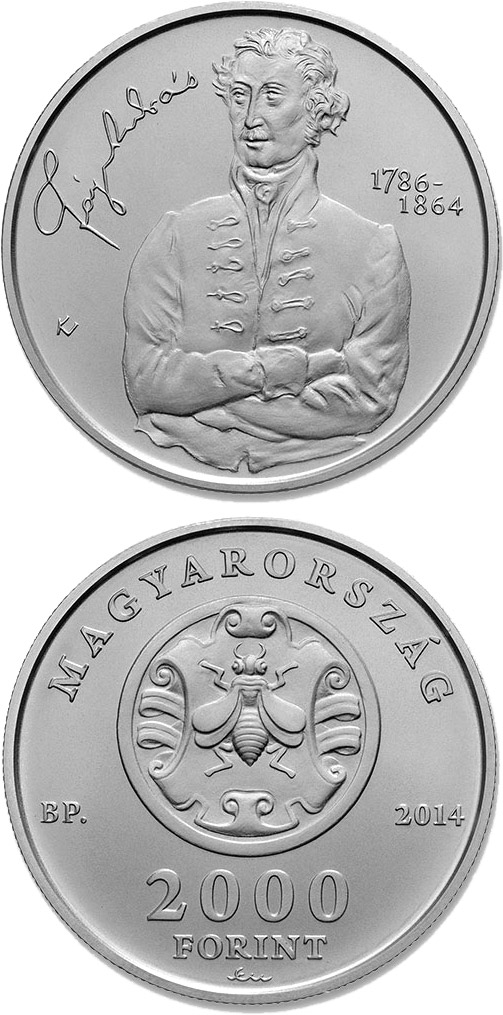 Image of 2000 forint coin - 150th Anniversary of Death of ANDRÁS FÁY (1786-1864) | Hungary 2014.  The Copper–Nickel (CuNi) coin is of BU quality.