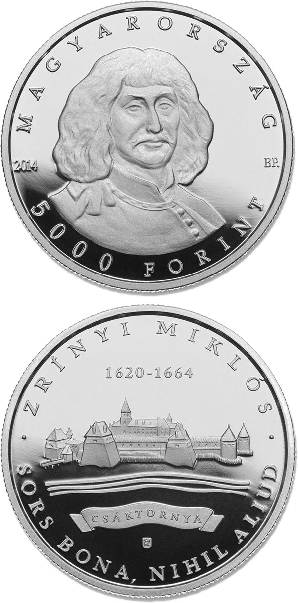 Image of 5000 forint coin - 350th Anniversary of Death of MIKLÓS ZRÍNYI (1620-1664) | Hungary 2014.  The Silver coin is of Proof quality.