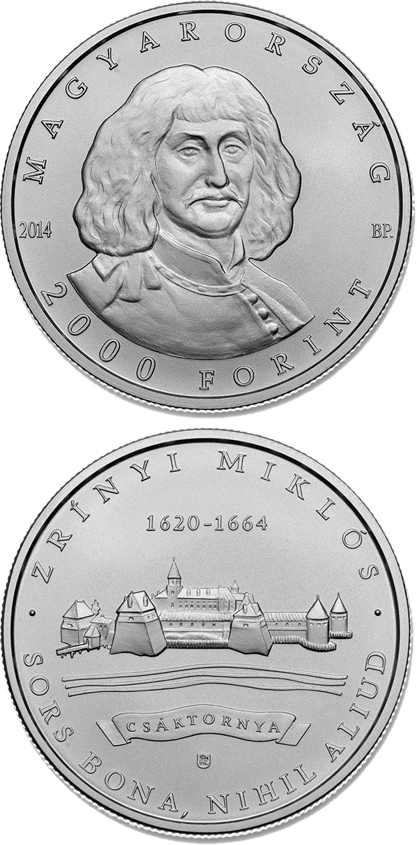 Image of 2000 forint coin - 350th Anniversary of Death of MIKLÓS ZRÍNYI (1620-1664) | Hungary 2014.  The Copper–Nickel (CuNi) coin is of BU quality.