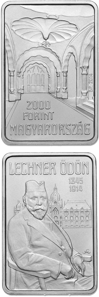 Image of 2000 forint coin - 100th Anniversary of Death of ÖDÖN LECHNER (1845-1914) | Hungary 2014.  The Copper–Nickel (CuNi) coin is of BU quality.