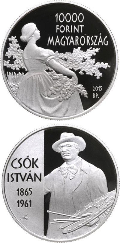 Image of 10000 forint coin - 150th Anniversary of Birth of István Csók (1865-1961)  | Hungary 2015.  The Silver coin is of Proof quality.
