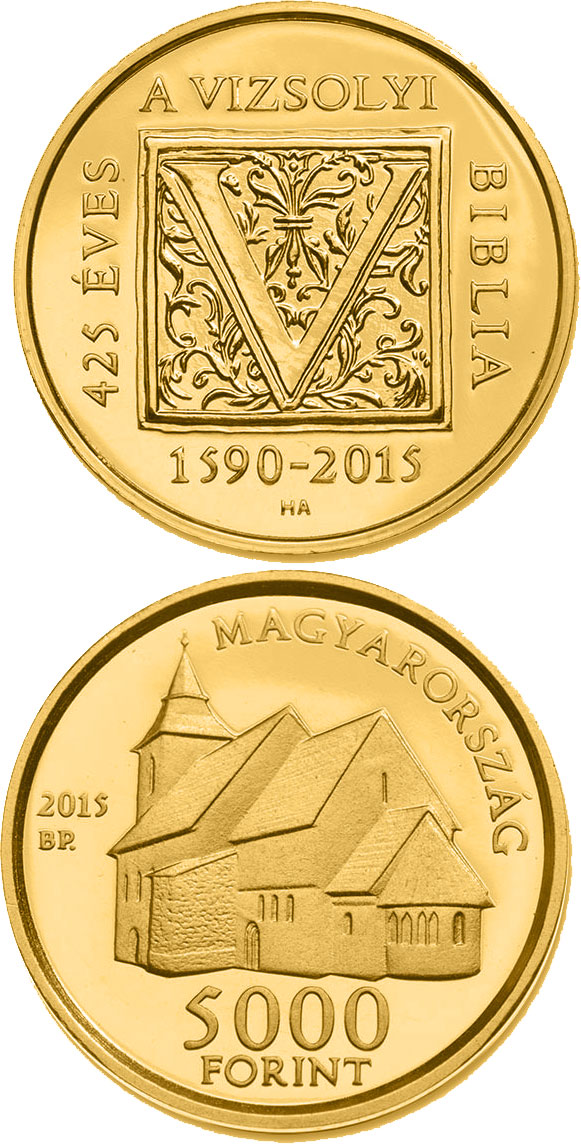 Image of 50000 forint coin - 425th Anniversary of the First Hungarian Translation of the Bible  | Hungary 2015.  The Gold coin is of Proof quality.