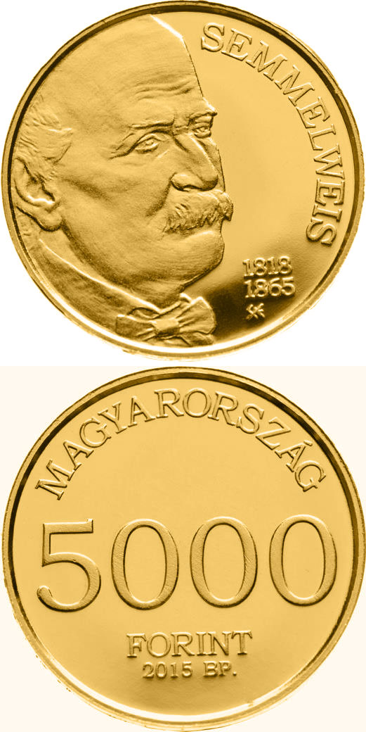 Image of 5000 forint coin - 150th Anniversary of Death of Ignác Semmelweis  | Hungary 2015.  The Gold coin is of Proof quality.